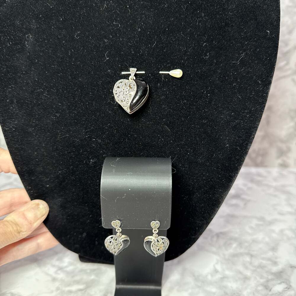 Vintage Sterling Silver Marcasite & Black Enamel Heart Pendant & Earrings Set